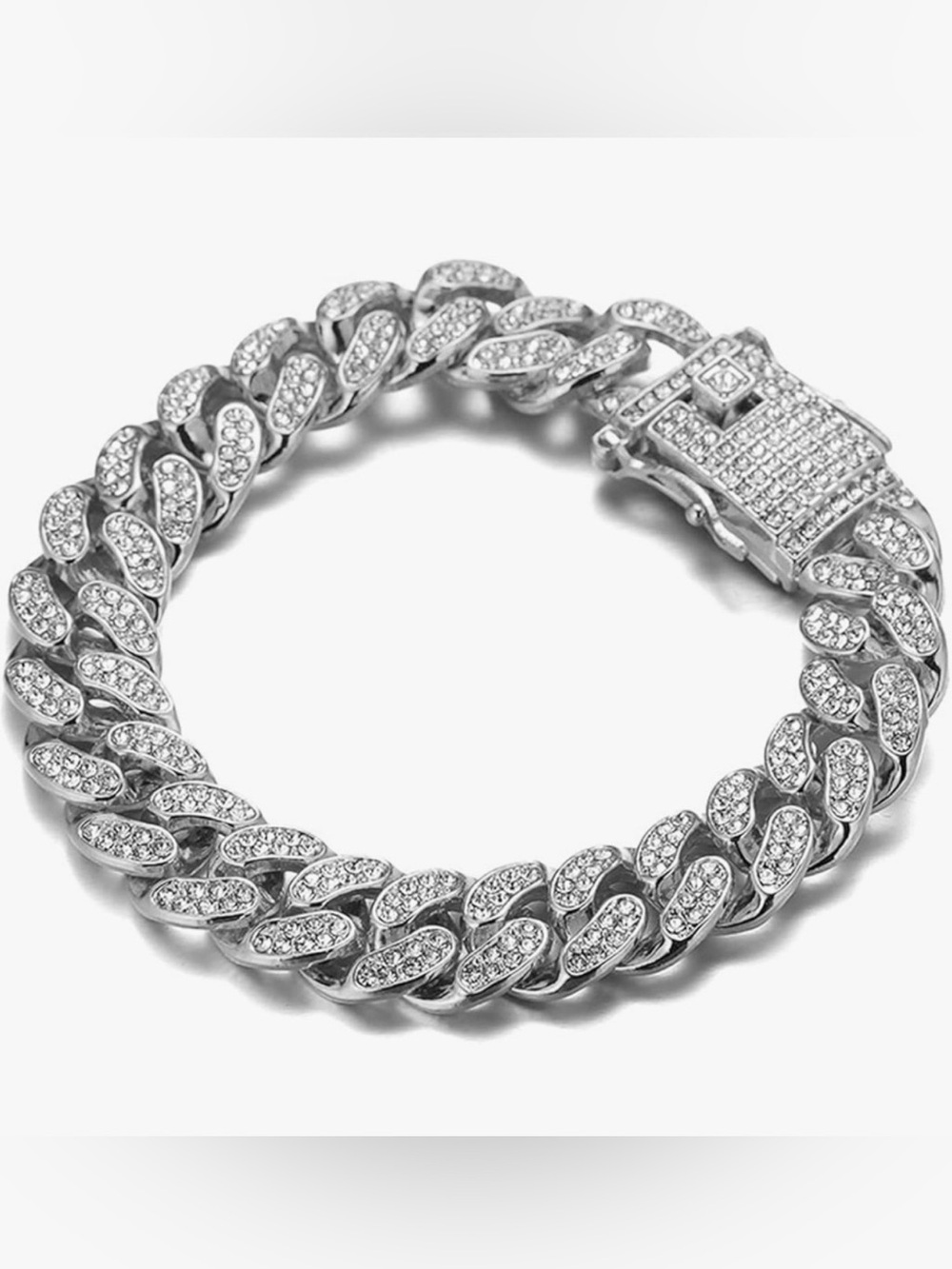 Men's White Gold Plated Cuban Link Bracelet with Pavé Stones